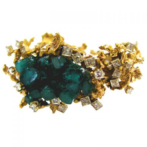 A Brutalist Emerald and Diamond Bracelet, c1970