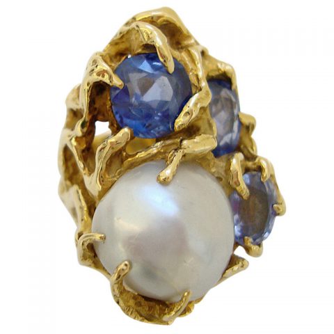 ARTHUR KING, 18k Gold, Pearl and Sapphire Ring, circa 1970