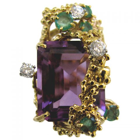 Barbara Anton Amethyst and Diamond Cocktail Ring Circa 1960