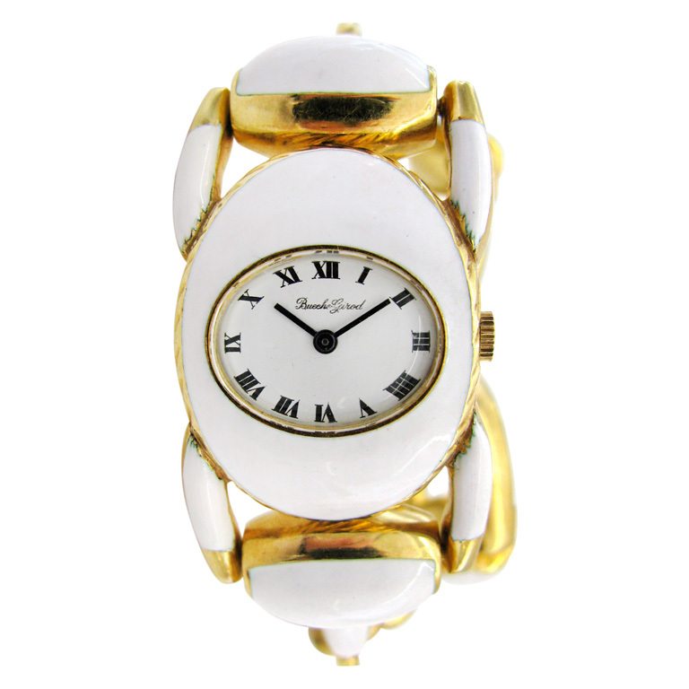 Bueche-Girod Lady's Yellow Gold and White Enamel Bracelet Watch ...