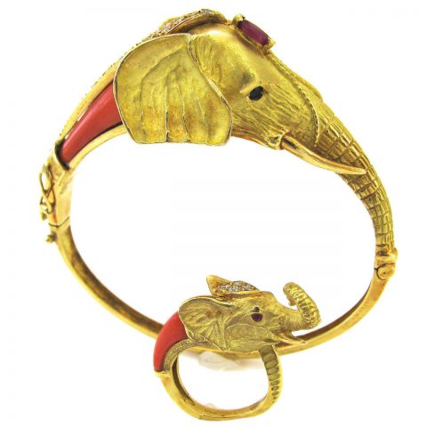 A Coral Gold Mama and Baby Elephant Suite