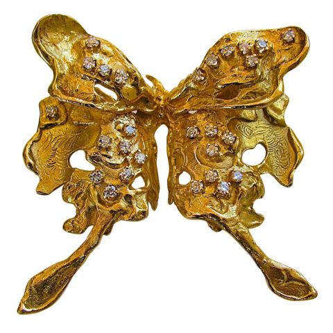 Bett Gury Diamond and Gold Butterfly Brooch Circa 1970