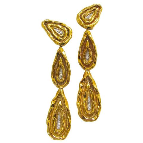 French Neiman Marcus 1970s Four Inch Long Diamond Gold Earrings