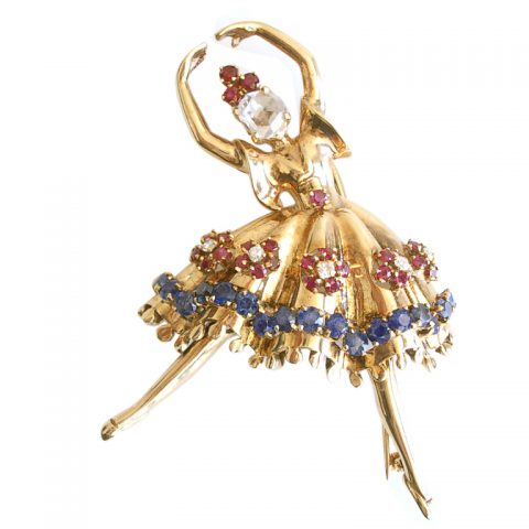 Gold Diamond and Gemstone Dancer Brooch