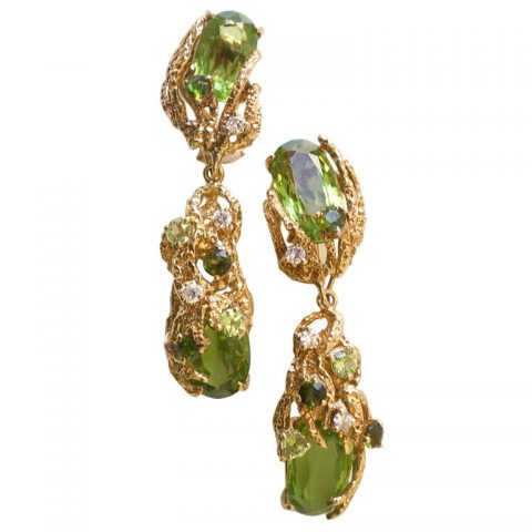 Gold Peridot, Tourmaline and Diamond Ear Clips c.1960
