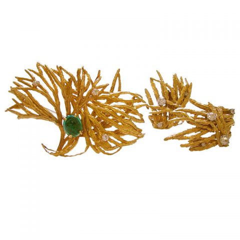 Marianne Ostier Gold Emerald and Diamond Brooch/Ear Clips