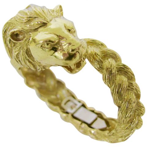 Gold Lion Head Zodiac Bangle Bracelet Circa 1970