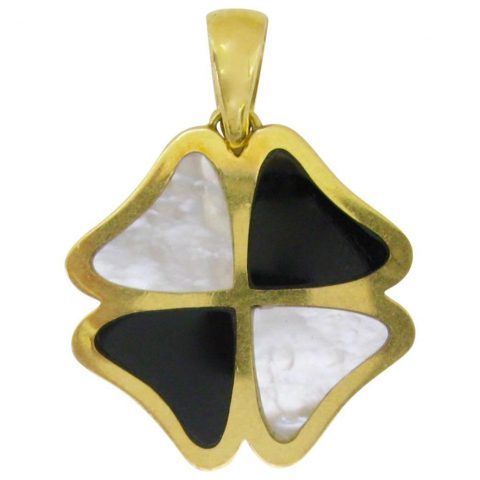 1970s Italian Four Leaf Clover Gold Inlay Pendant
