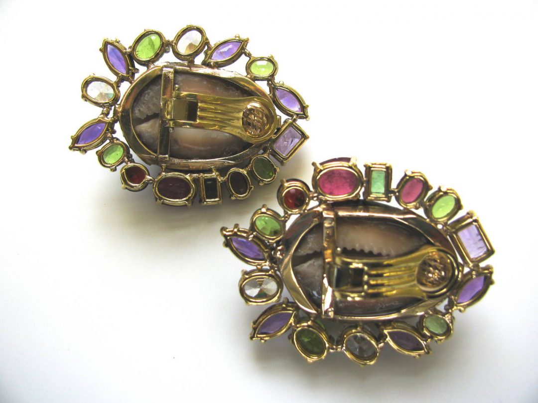 Massive Multicolored Gemstone and Shell Ear Clips - Image 2