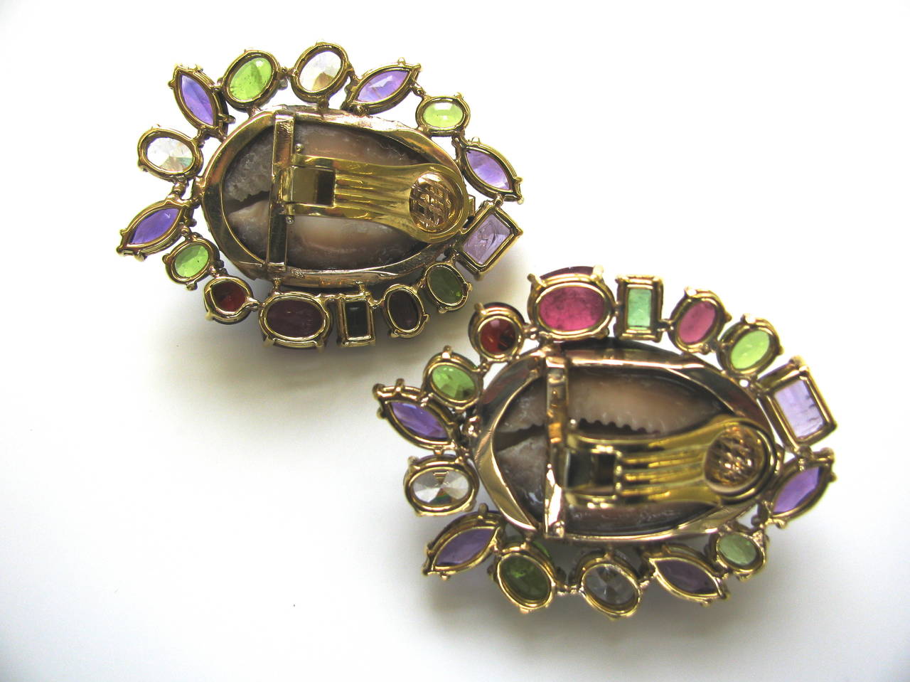 Massive Multicolored Gemstone and Shell Ear Clips - Image 2