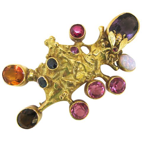 Fernand Demaret Multiple Gemstone Gold Pendant/Brooch with Bee