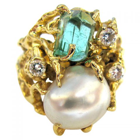 ARTHUR KING, Gold, Emerald, Pearl and Diamond Ring