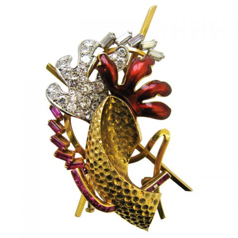 GARRARD Diamond Ruby Enamel and Gold Brooch