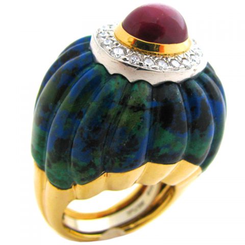 DAVID WEBB, A Gold, Ruby and Azure-Malachite Bombe Ring