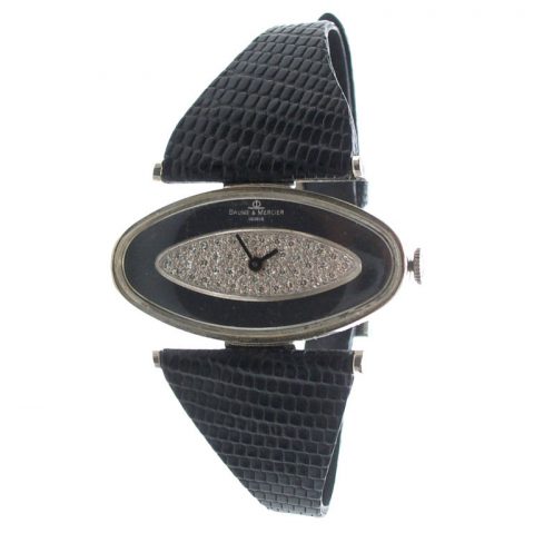 A White Gold, Diamond, and Onyx Watch by Baume and Mercier