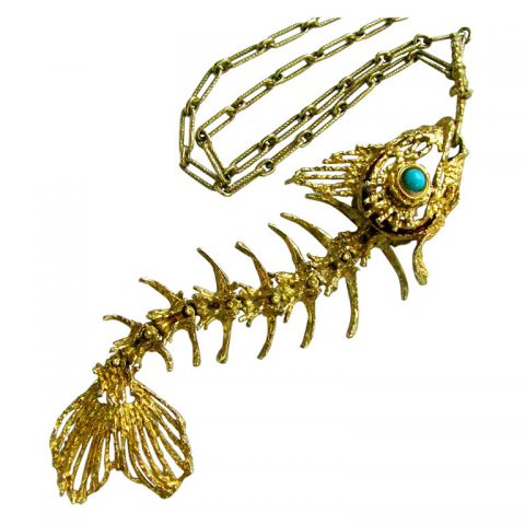 A Gold and Turquoise "Fishbone" Pendant