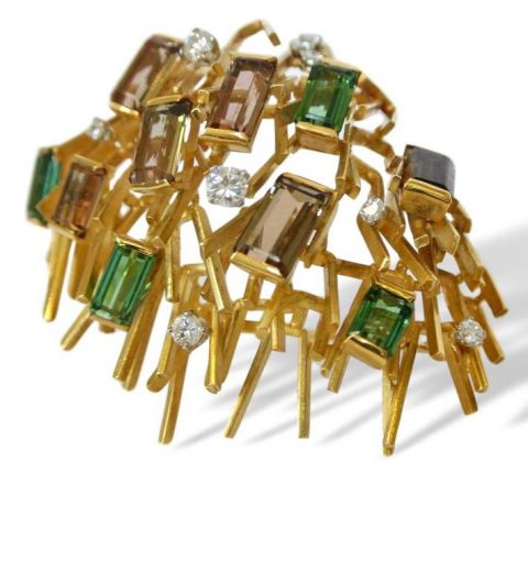1970s Andrew Grima Modernist Tourmaline Diamond Gold Brooch