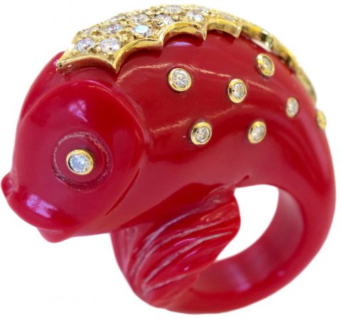 Antonia Miletto Massive Carved Resin and Diamond Fish Ring, circa 1990