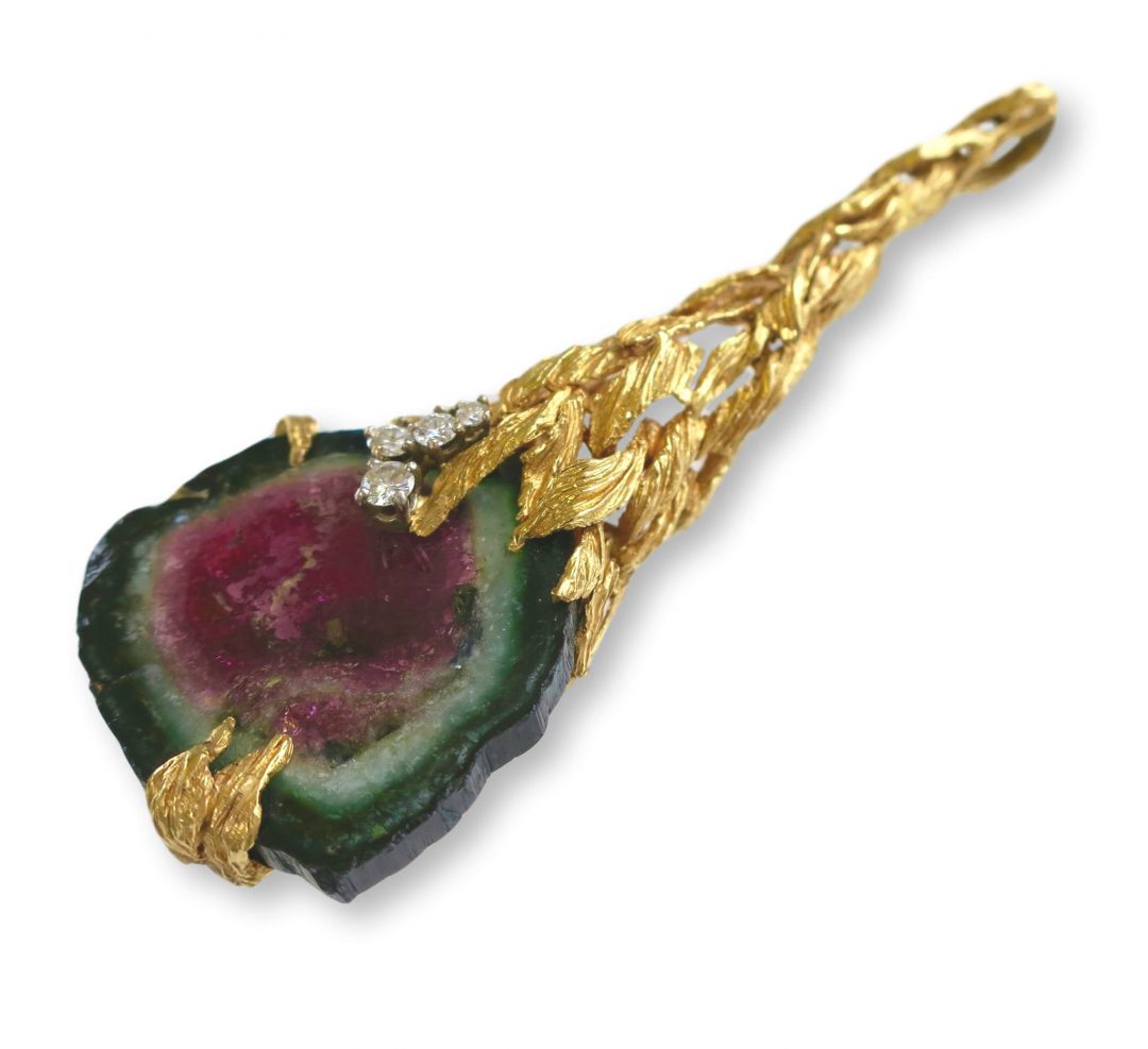1970s Gilbert Albert Watermelon Tourmaline Gold Pendant - Image 3