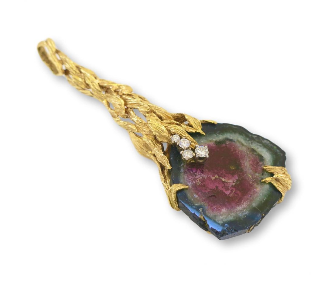 1970s Gilbert Albert Watermelon Tourmaline Gold Pendant - Image 2
