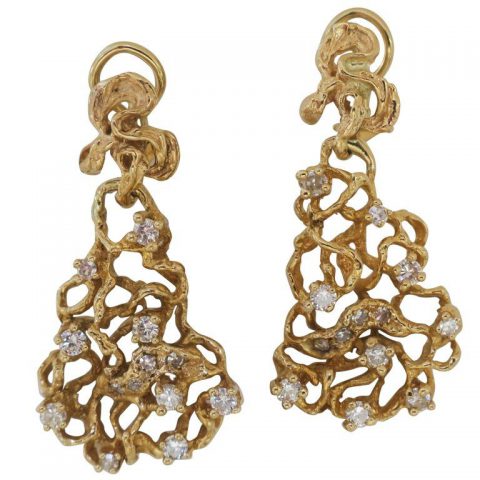 Free-Form Gold and Diamond Dangle Earrings, 1970s