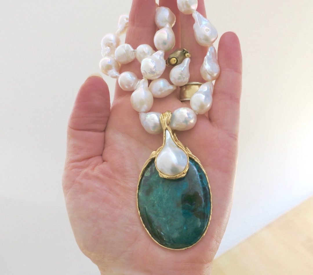 1970s Gilbert Albert Pearl and Azure-Malachite Necklace - Image 3