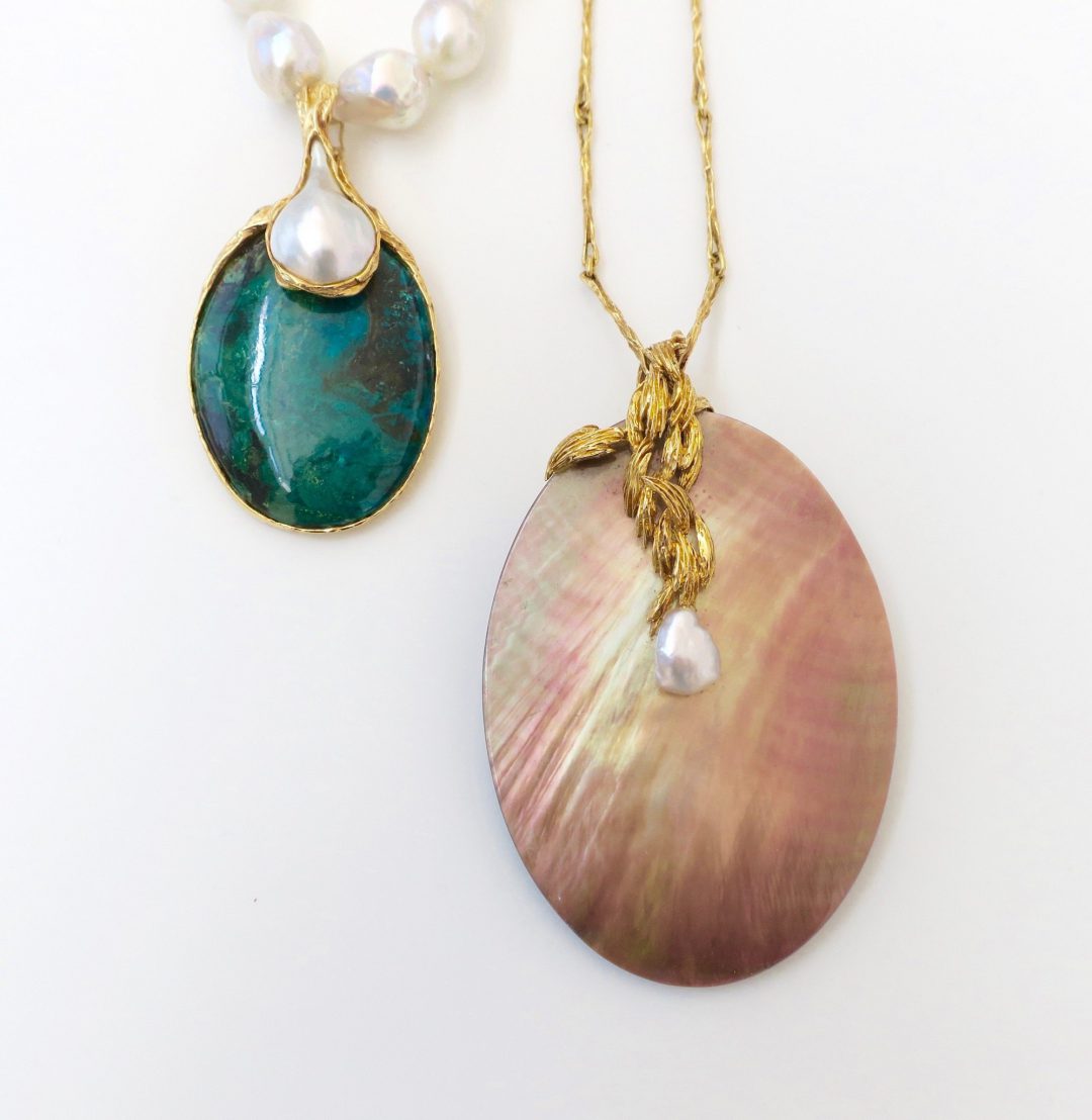 1970s Gilbert Albert Pearl and Azure-Malachite Necklace - Image 2