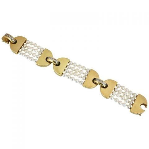 Vintage La Triomphe Gold Diamond and Pearl Bracelet, 1970s