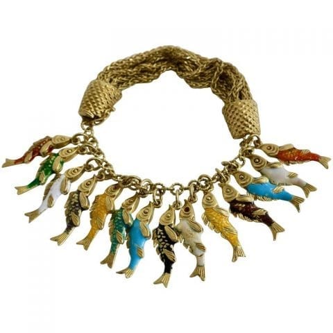 Whimsical Gold and Enamel Fish Charm Bracelet, France