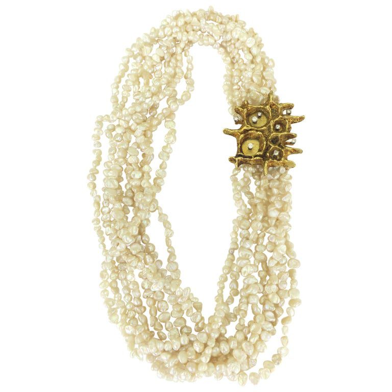 Modernist Gold and Keshi Pearl and Diamond Convertible Brooch Necklace, 1960s